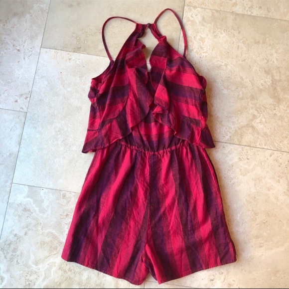Amandi Striped, Linen, Ruffle Back, Romper with Pockets NWT Women’s Size X-Small - Picture 4 of 8